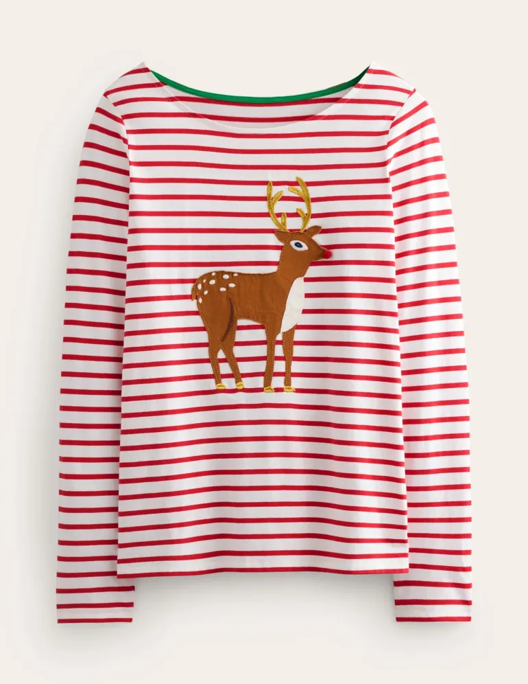 Ella Long Sleeve Breton-Red, Reindeer Stripe-Boden Flash Sale