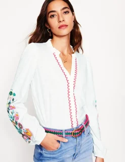 Embroidered Frill Neck Blouse-White, Multi Floral Embroidery-Boden Shop