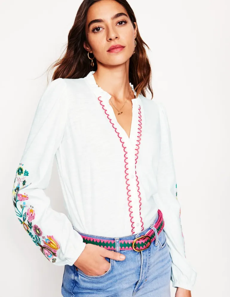 Embroidered Frill Neck Blouse-White, Multi Floral Embroidery-Boden Shop