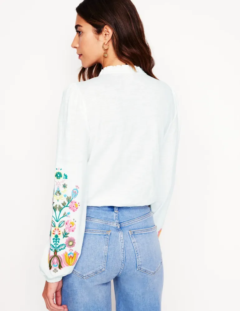 Embroidered Frill Neck Blouse-White, Multi Floral Embroidery-Boden Shop