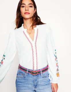 Embroidered Frill Neck Blouse-White, Multi Floral Embroidery-Boden Shop