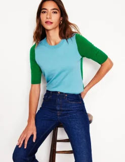 Emilia Cotton Crew T-shirt-Duck Egg Blue / Rich Emerald-Boden Clearance