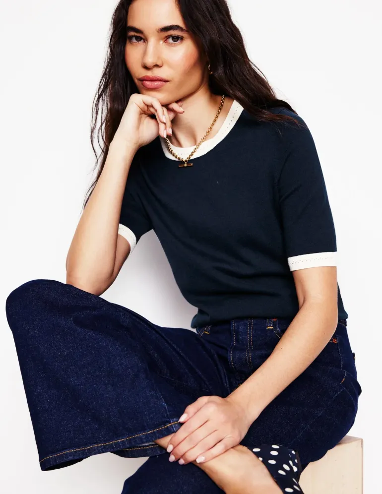 Emilia Cotton Crew T-shirt-Navy, Warm Ivory-Boden Cheap