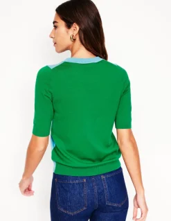 Emilia Cotton Crew T-shirt-Duck Egg Blue / Rich Emerald-Boden Clearance