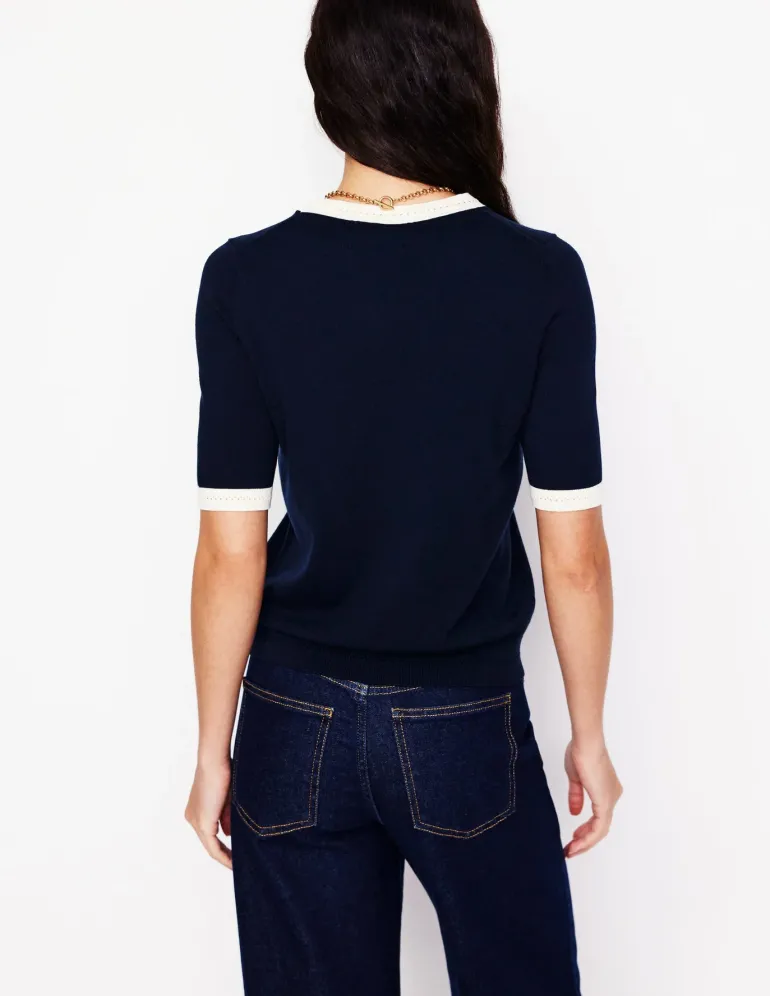 Emilia Cotton Crew T-shirt-Navy, Warm Ivory-Boden Cheap