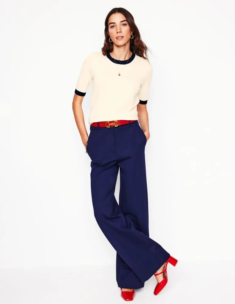 Emilia Cotton Crew T-shirt-Warm Ivory, Navy-Boden Best Sale
