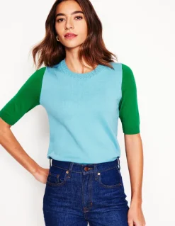 Emilia Cotton Crew T-shirt-Duck Egg Blue / Rich Emerald-Boden Clearance