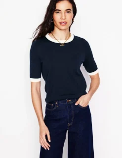 Emilia Cotton Crew T-shirt-Navy, Warm Ivory-Boden Cheap