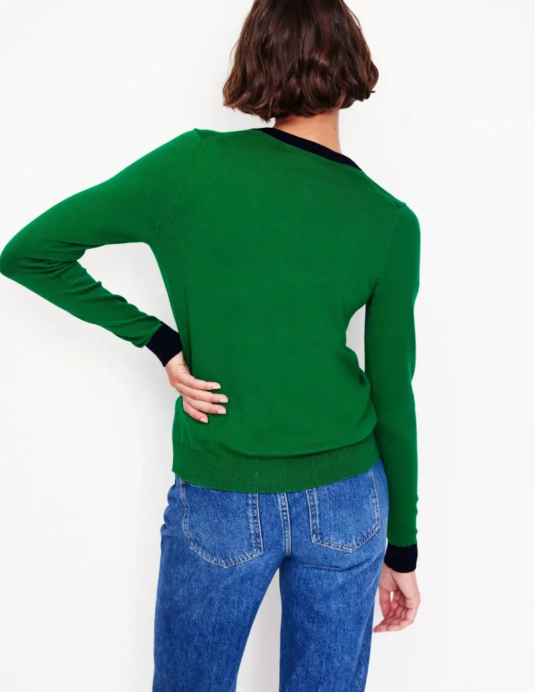 Emilia Cotton V Neck Cardigan-Rich Emerald/Navy-Boden New