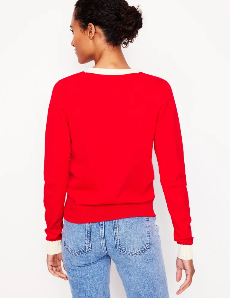 Emilia Cotton V Neck Cardigan-Poppy Red-Boden Clearance