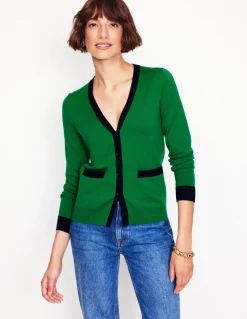 Emilia Cotton V Neck Cardigan-Rich Emerald/Navy-Boden New