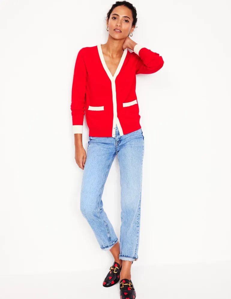 Emilia Cotton V Neck Cardigan-Poppy Red-Boden Clearance