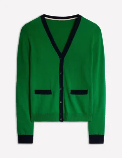 Emilia Cotton V Neck Cardigan-Rich Emerald/Navy-Boden New
