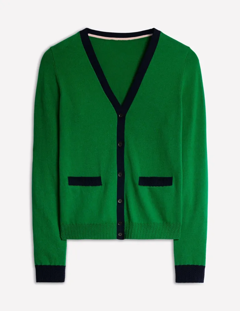 Emilia Cotton V Neck Cardigan-Rich Emerald/Navy-Boden New
