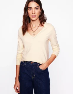 Emilia Cotton V Neck Sweater-Warm Ivory-Boden Fashion