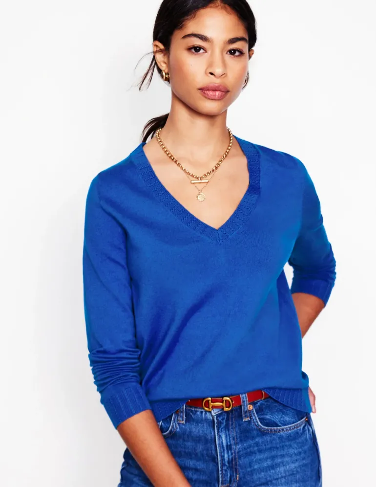 Emilia Cotton V Neck Sweater-Bright Blue-Boden Cheap