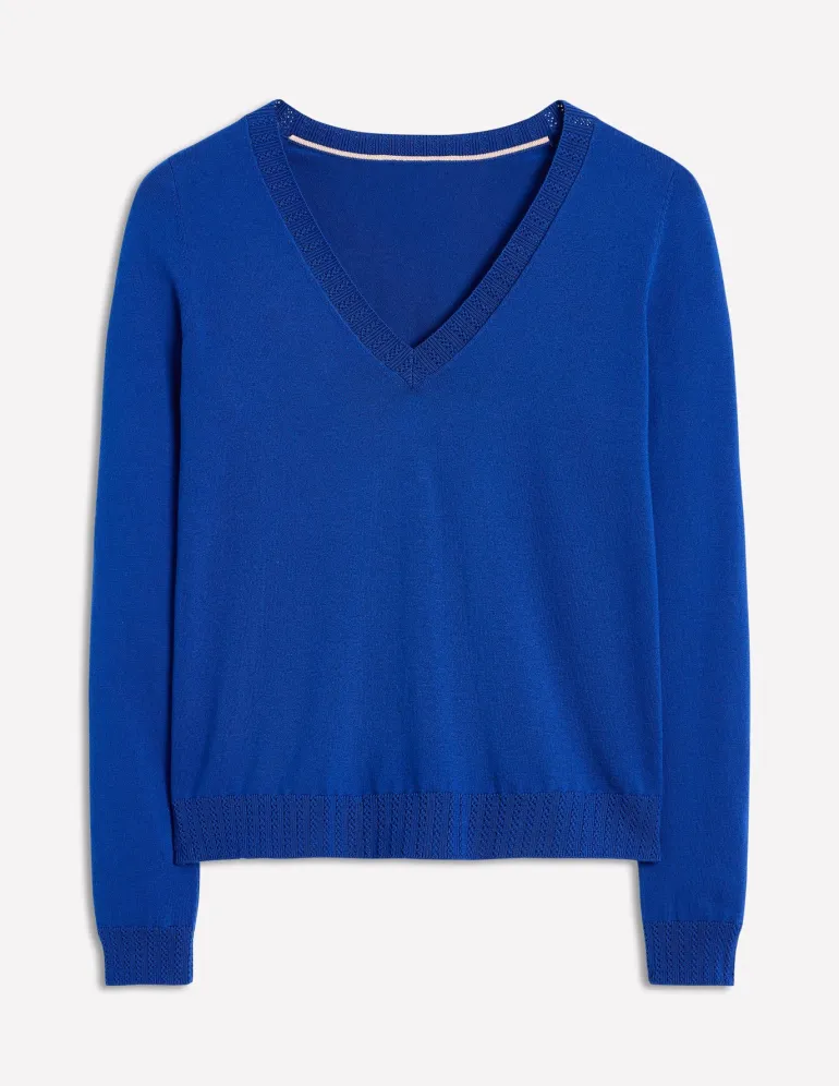 Emilia Cotton V Neck Sweater-Bright Blue-Boden Cheap