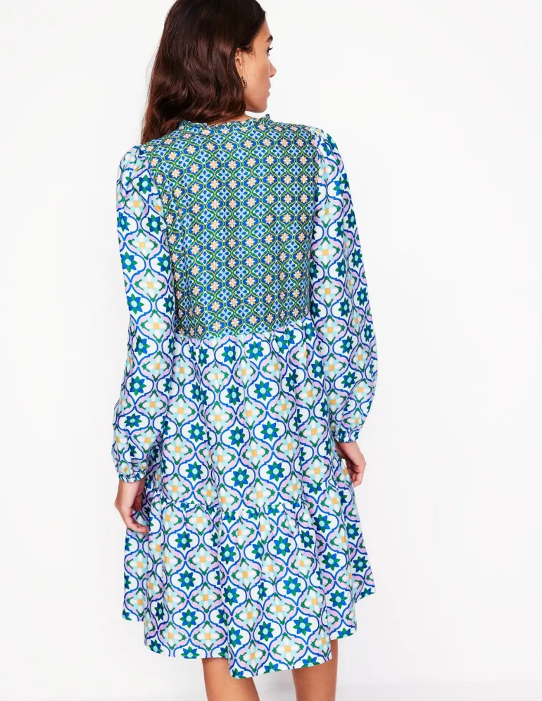 Esme Linen Short Dress-Multi, Floweret Tile-Boden Best