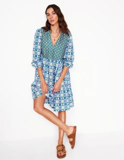 Esme Linen Short Dress-Multi, Floweret Tile-Boden Best