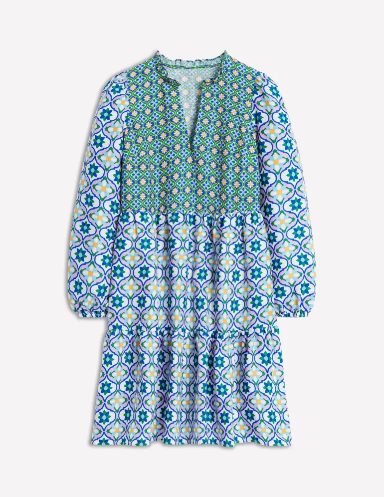 Esme Linen Short Dress-Multi, Floweret Tile-Boden Best