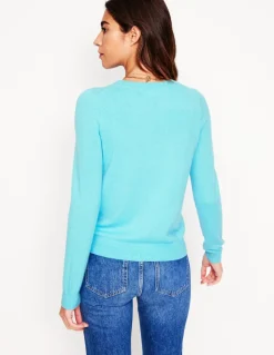 Eva Cashmere Crew Cardigan-Caribbean Blue-Boden Outlet