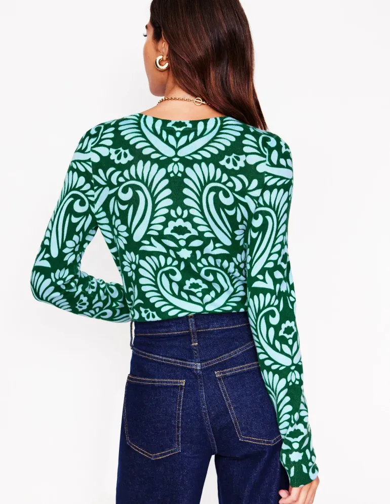 Eva Cashmere Crew Neck Sweater-Pine Green, Decorative Flora-Boden Hot