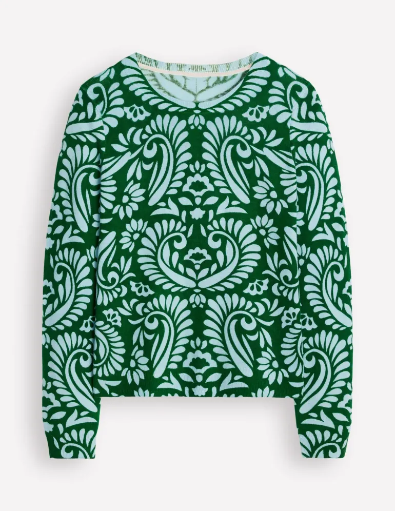 Eva Cashmere Crew Neck Sweater-Pine Green, Decorative Flora-Boden Hot