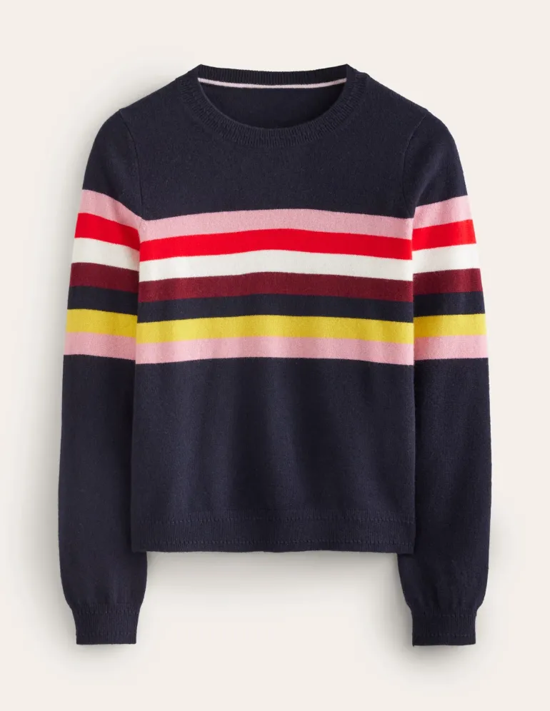 Eva Cashmere Crew Neck Sweater-Navy, Rainbow-Boden Best Sale