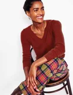 Eva Cashmere V-Neck Sweater-Copper Brown-Boden Outlet
