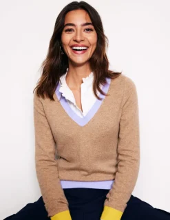 Eva Cashmere V-Neck Sweater-Camel Melange Colour Block-Boden Cheap
