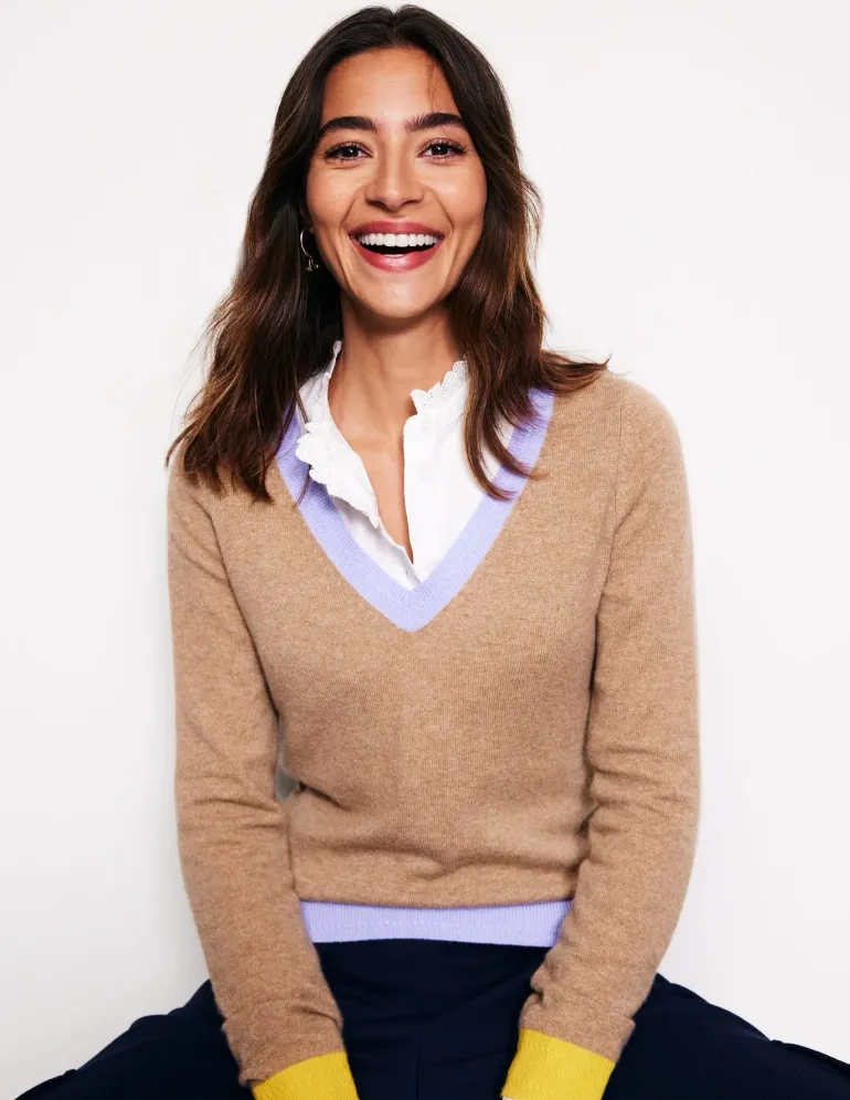 Eva Cashmere V-Neck Sweater-Camel Melange Colour Block-Boden Cheap