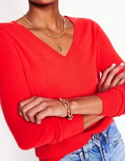Eva Cashmere V-Neck Sweater-Strawberry Tart Red-Boden Clearance