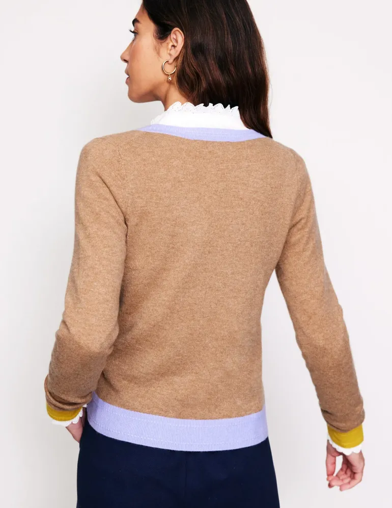 Eva Cashmere V-Neck Sweater-Camel Melange Colour Block-Boden Cheap