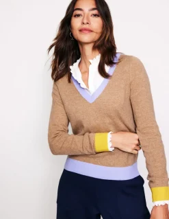 Eva Cashmere V-Neck Sweater-Camel Melange Colour Block-Boden Cheap