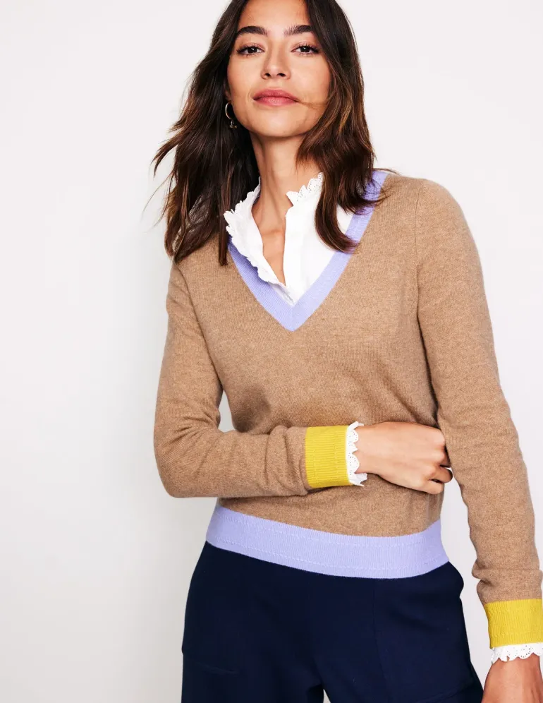 Eva Cashmere V-Neck Sweater-Camel Melange Colour Block-Boden Cheap
