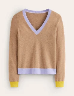 Eva Cashmere V-Neck Sweater-Camel Melange Colour Block-Boden Cheap