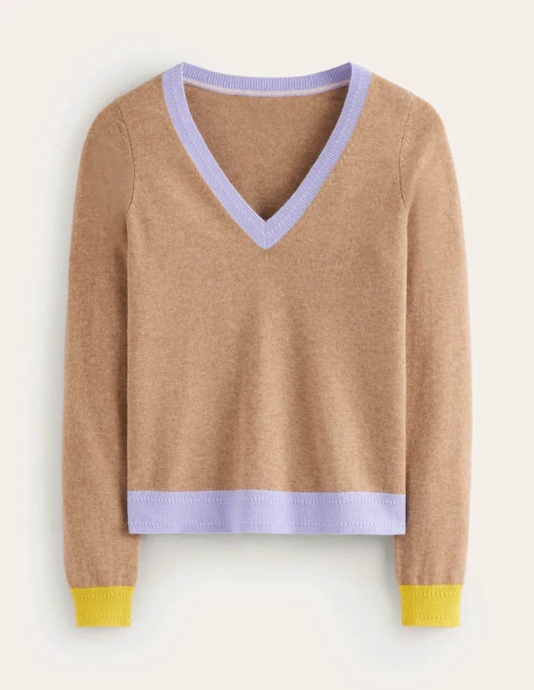 Eva Cashmere V-Neck Sweater-Camel Melange Colour Block-Boden Cheap