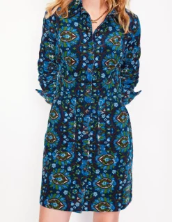 Flora Cord Shirt Dress-Kingfisher Blue, Bloom Trellis-Boden Clearance