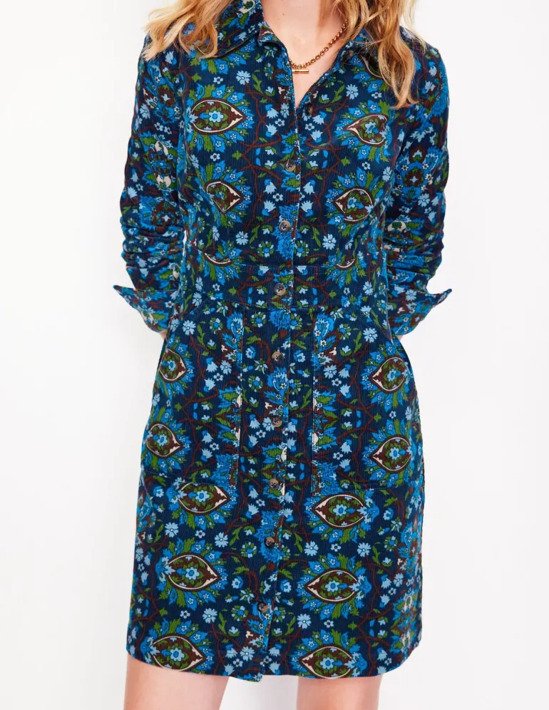 Flora Cord Shirt Dress-Kingfisher Blue, Bloom Trellis-Boden Clearance