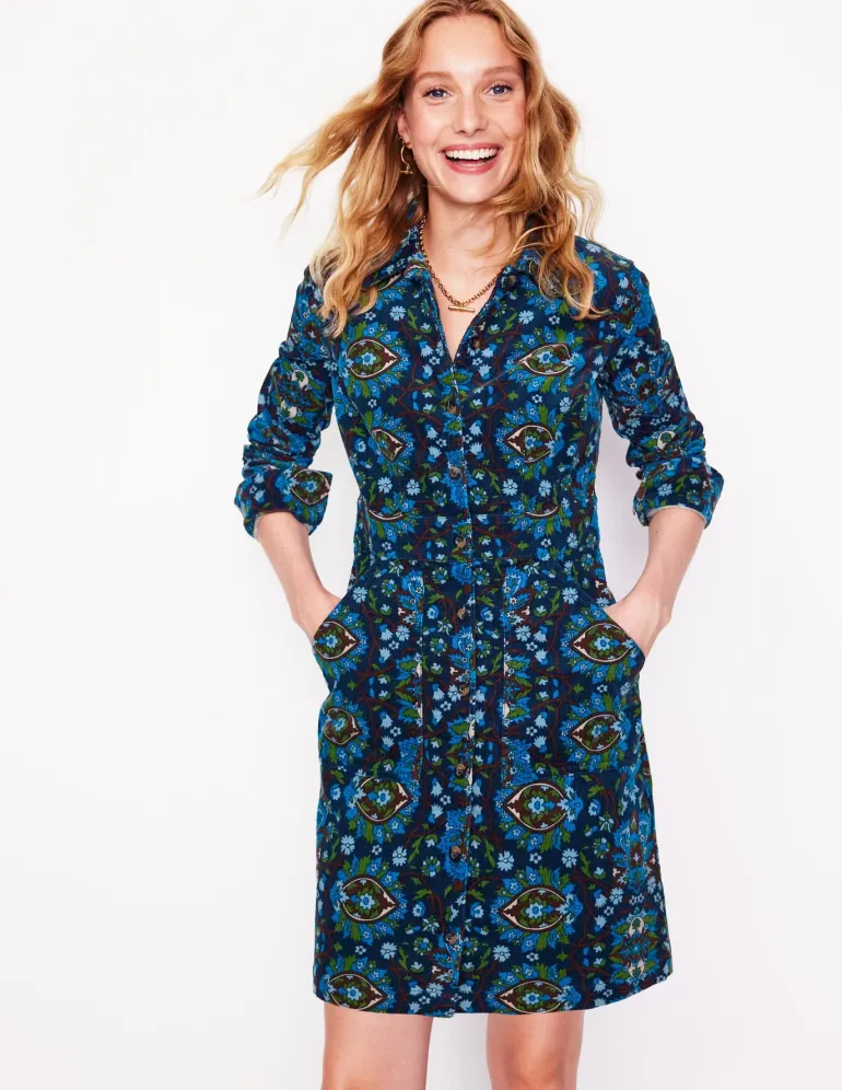 Flora Cord Shirt Dress-Kingfisher Blue, Bloom Trellis-Boden Clearance