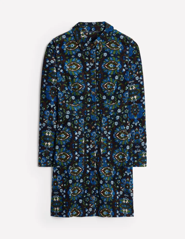 Flora Cord Shirt Dress-Kingfisher Blue, Bloom Trellis-Boden Clearance