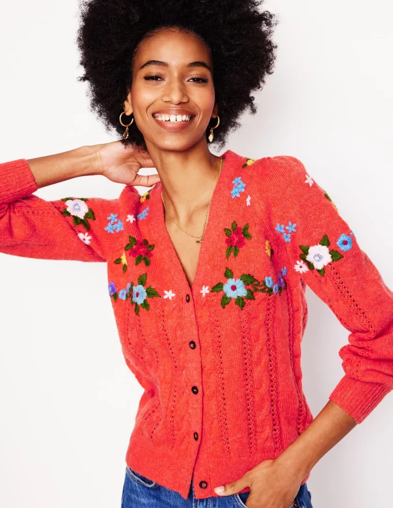 Fluffy Embroidered Cardigan-Firecracker Red-Boden Shop