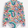 Frill Long Sleeved Swimsuit-Ivory Paisley-Boden Clearance