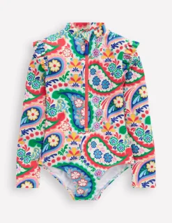 Frill Long Sleeved Swimsuit-Ivory Paisley-Boden Clearance