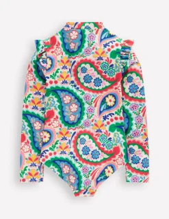 Frill Long Sleeved Swimsuit-Ivory Paisley-Boden Clearance