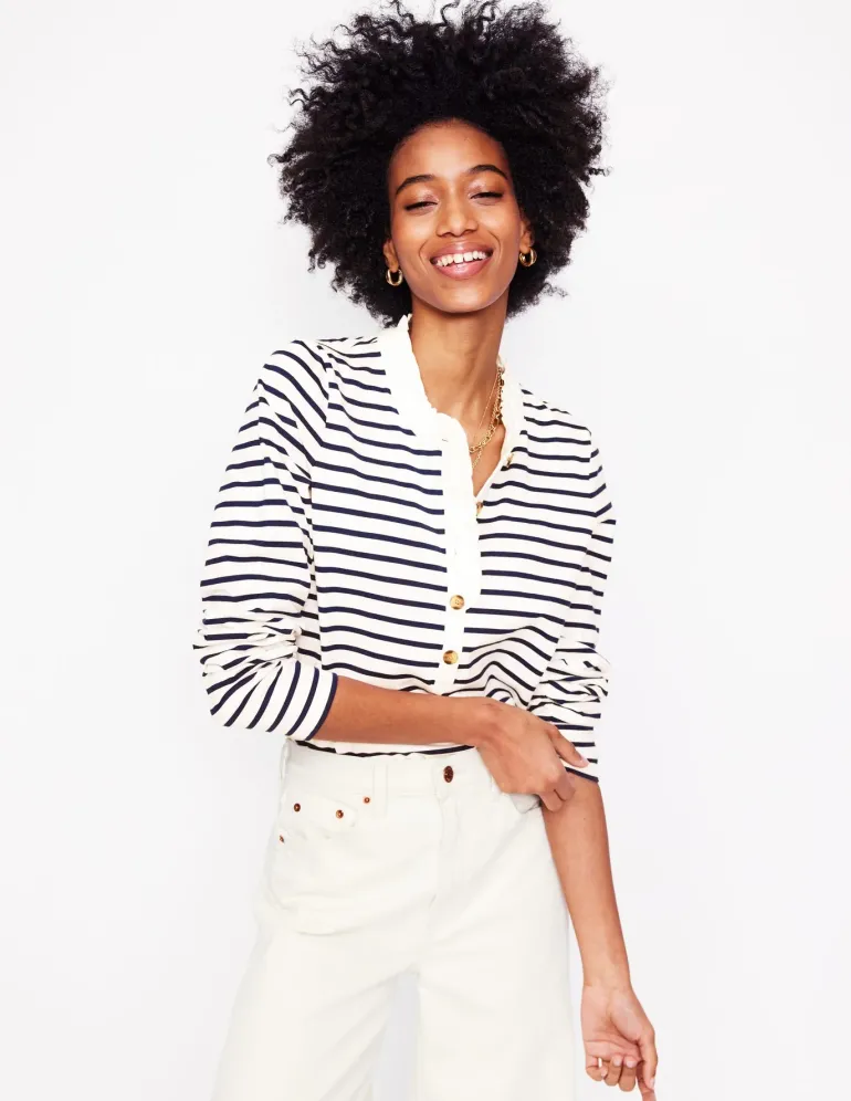 Frill Neck Breton Top-Ivory, Navy-Boden Outlet