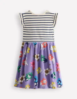 Frill Sleeve Jersey Dress-Aster Purple Flower Cat-Boden Cheap