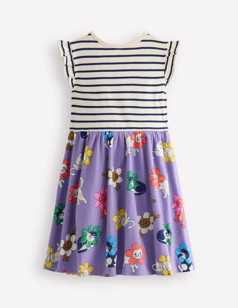 Frill Sleeve Jersey Dress-Aster Purple Flower Cat-Boden Cheap