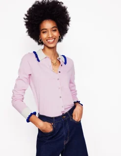 Frilled Cotton Blend Cardigan-Soft Lavender Pink-Boden Online