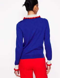Frilled Cotton Blend Cardigan-Bright Blue-Boden Store